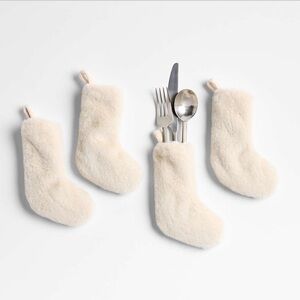 Crate&Barrel Holiday Faux Fur Ivory Flatware Stocking, Set of 4